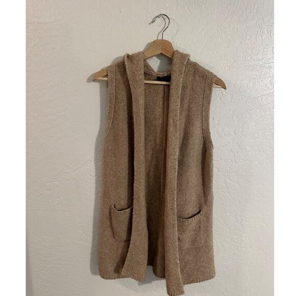 Tahari Sweaters - Y Tahari Heathered Tan Merino Wool Spandex Sleeveless Spring Hooded Sweater Vest